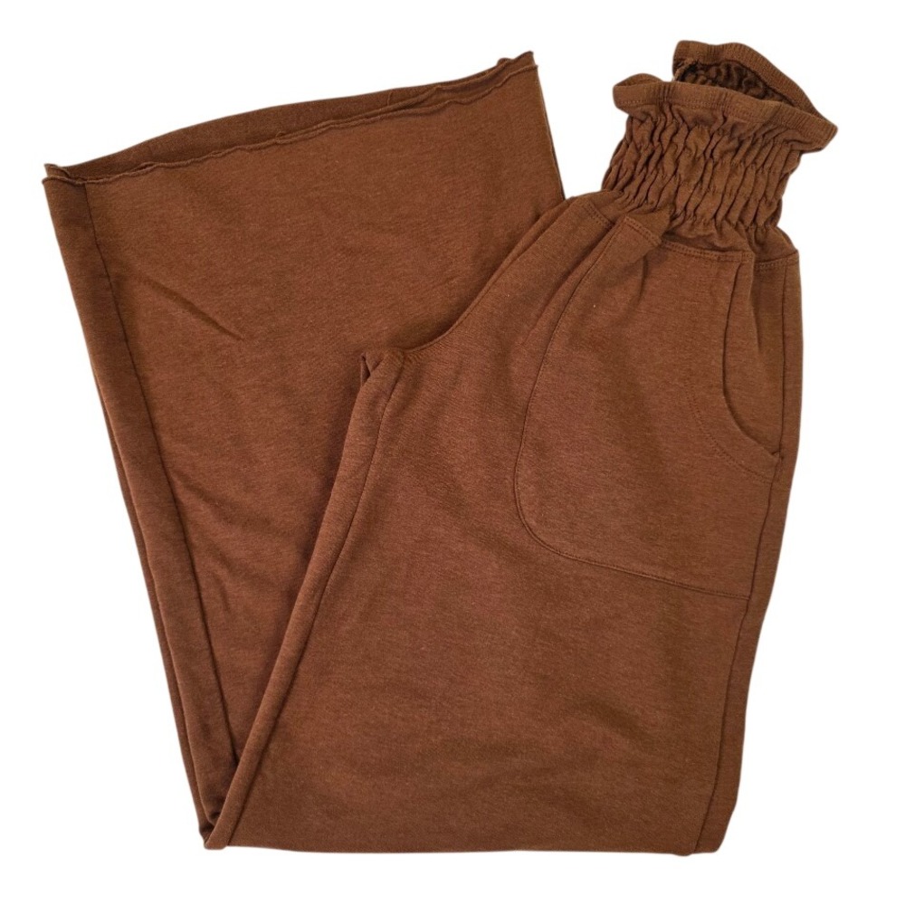 KiraGrace Women's S Cozy Boho Yoga‎ Pant Wide Leg Brown Smocked Waist Lounge USA